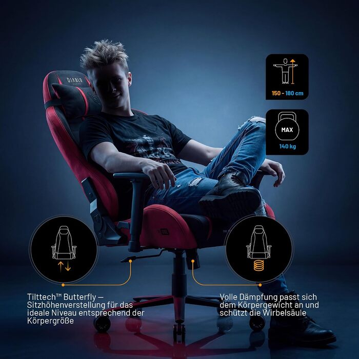 Ігрове крісло Diablo Gaming тканинне для дітей та підлітків, з 3D-підлокітниками, розмір L, колір Bloody Mary