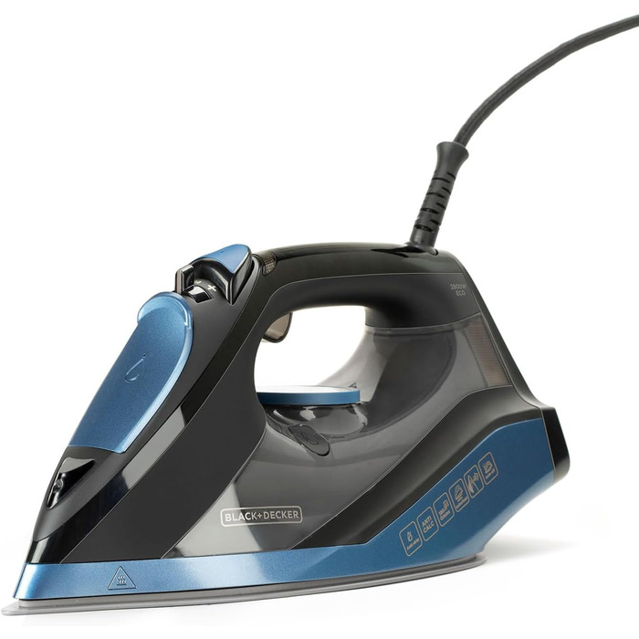 Парова праска BLACK+DECKER BXIR2801E, 2800 Вт, керамічна підошва, паровий удар 180 г/хв, постійна подача пари 45 г/хв, самоочищення, подвійний антинакипний фільтр, авто-відключення, синя/золота