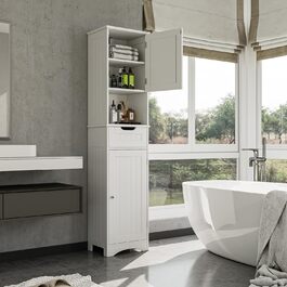 Висока шафа для ванної Bealife 170x40x30 см, біла, з регульованими полицями, відкритою нішею, шухлядою та дверцятами для ванної кімнати, вітальні, спальні