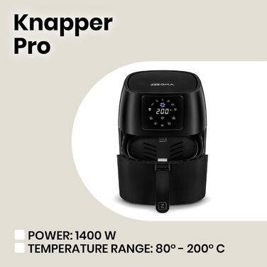 Аерофритюрниця ZEEGMA Knapper Pro Turbo 1400 Вт, 4,5 л, тефлонове покриття, 8 програм, швидке та здорове приготування, чорна