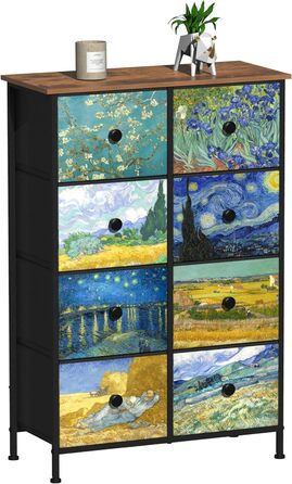 Вузька комод VEDECASA з 8 шухлядами Van Gogh для спальні, дитячої, вітальні, коридору, офісу, металевий каркас, дерев'яна стільниця, тканинні шухляди, 30×67×100 см