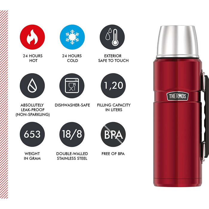 Термос Thermos Stainless King 1,2 л з ручкою, нержавіюча сталь, колір журавлина