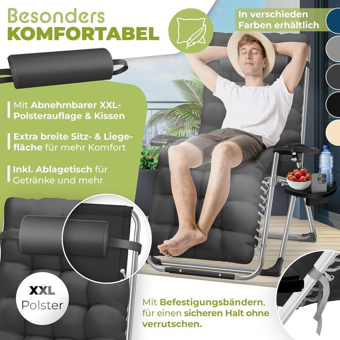 Розкішна шезлонг KESSER® для саду: складаний, стійкий до погодних умов, витримує 200 кг, з ергономічною подушкою, регульованою спинкою, підголівником та тримачем для напоїв (антрацит)