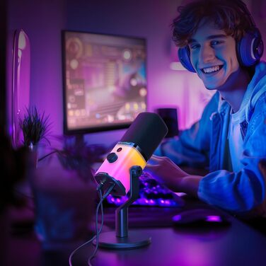 MAONO XLR/USB ігровий динамічний мікрофон з RGB підсвіткою, шумозаглушенням, кнопкою вимкнення звуку та регулятором гучності для подкастів і стрімінгу, з настільною підставкою PD100X
