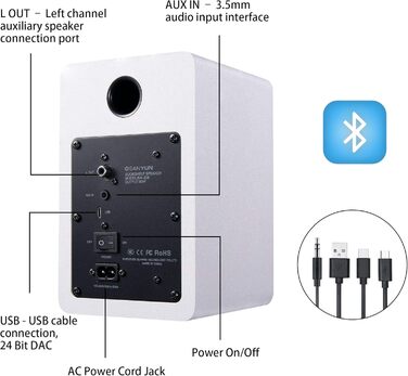Активні Bluetooth-колонки Sanyun SW208 (пара, білі) — 3-дюймові вуглецеві динаміки 60 Вт, 24-бітний DAC, 3D-звук для ПК та монітора