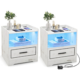 Тумба приліжкова GIANTEX з LED підсвіткою, 3 кольори, 2 шт, сенсор руху, USB та Type-C зарядка, біла