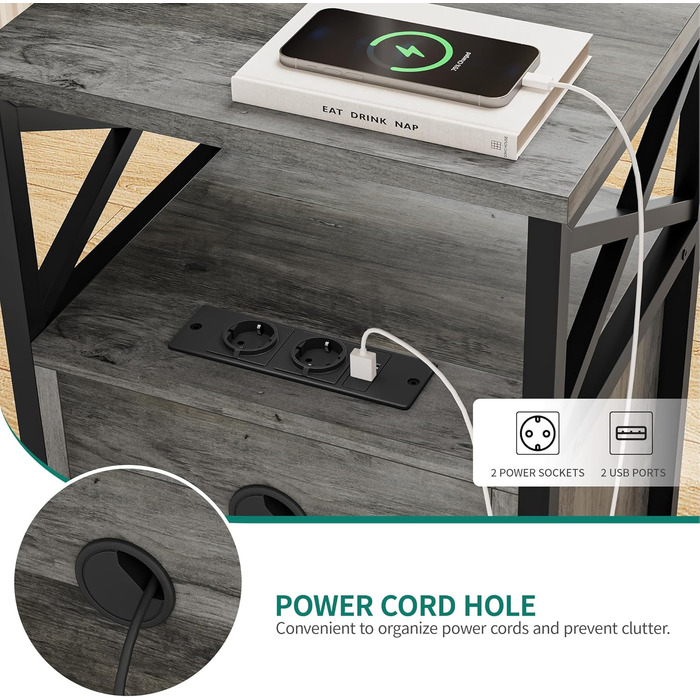 Приліжковий столик YITAHOME з шафкою та Х-подібною основою, сірий, з USB-портами та розетками, металева рама, для вітальні й спальні