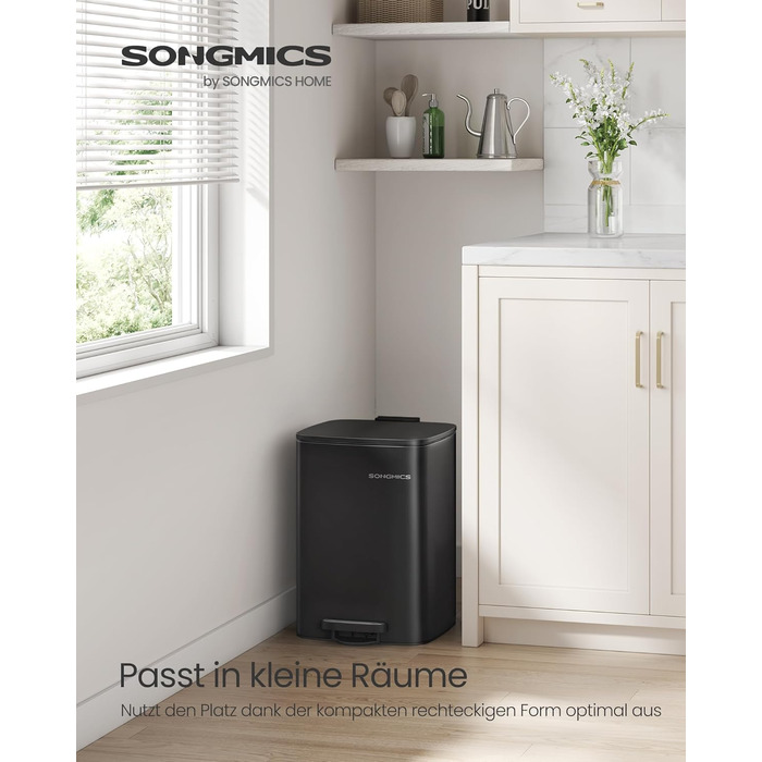 Смітник для кухні SONGMICS, 20 л, педальний, сталевий, з внутрішнім відром, Soft Close, фіксація кришки, чорний