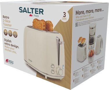 Тостер Salter Retro Creme на 2 тости - 7 режимів підсмажування, розморожування, підігрів, зупинка, підйом тостів, знімний піддон для крихт, автоматичне центрування, тримач для булочок, захист від застрягання, 930 Вт