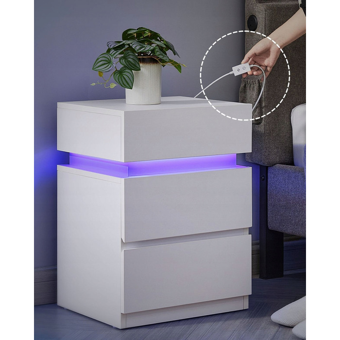 Приліжкова тумба Songmics біла, 3 шухляди, з LED-підсвіткою