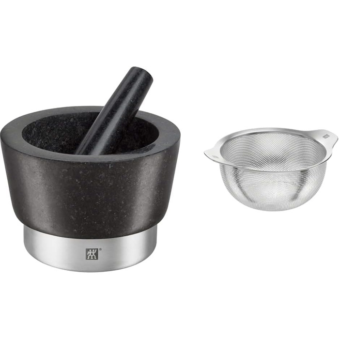 Набір Zwilling Spices: ступка та товкачок, діаметр 11 см, граніт, чорний колір, сито, нержавіюча сталь, 16 см