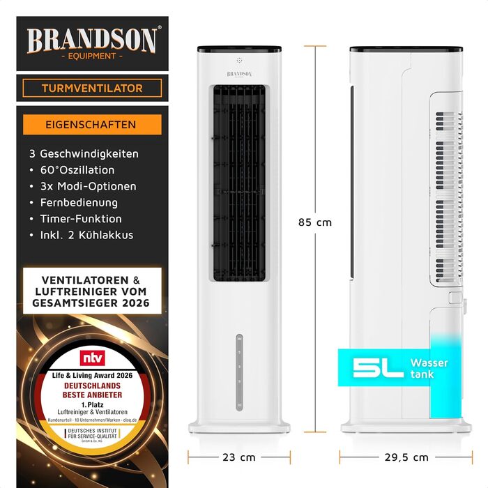 Brandson Турмовентилятор з водяним охолодженням 5-в-1: Повітряний охолоджувач, вентилятор, мобільний кондиціонер без шлангу - Білий матовий