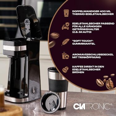 Кавоварка Clatronic KA 3733 з термочашкою 400 мл для автомобіля, фільтраційна, нержавіюча сталь, компактна