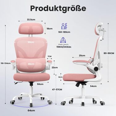 Офісний стілець Naspaluro з ергономічною підтримкою попереку, 3D-підголівником, відкидними підлокітниками та дихаючою сітчастою оббивкою, поворотний, рожевий