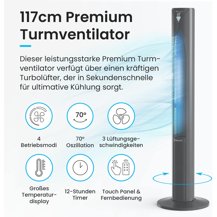 Вентилятор підлоговий Pro Breeze з пультом, 117 см, 3 режими, таймер 14 год, 45 Вт, чорний
