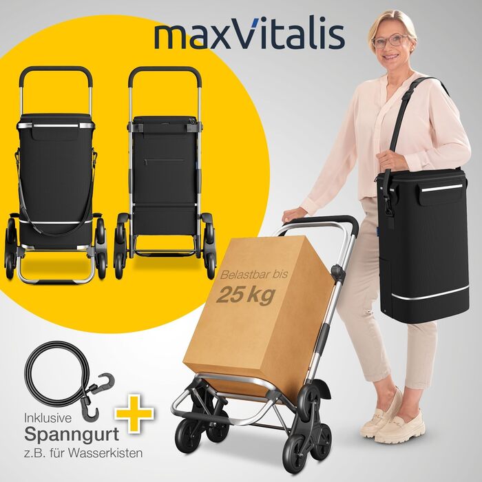 Сумка-візок maxVitalis для покупок, трьохколісний для сходів, з великим термовідділенням, складний, знімна сумка 43 л, чорний