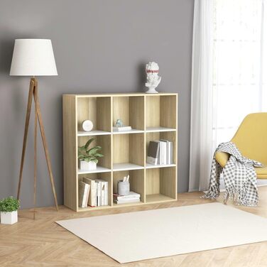 vidaXL книжкова шафа з 9 відділеннями, біла та дуб сонома, 98x29x97,5 см, стелаж для книг і документів, деревостружкова плита