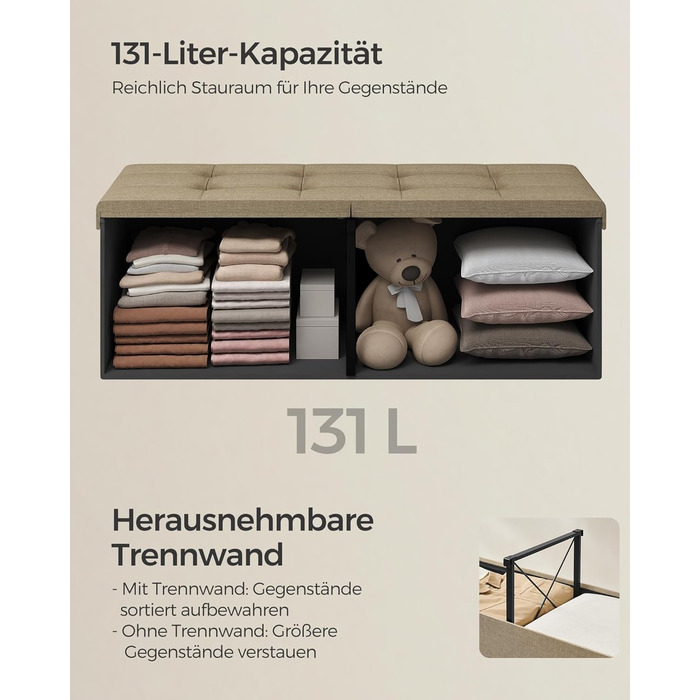 Складана банкетка SONGMICS з місцем для зберігання, 110×38×38 см, кришка на петлях, навантаження до 300 кг, для передпокою, вітальні, спальні, колір кемел