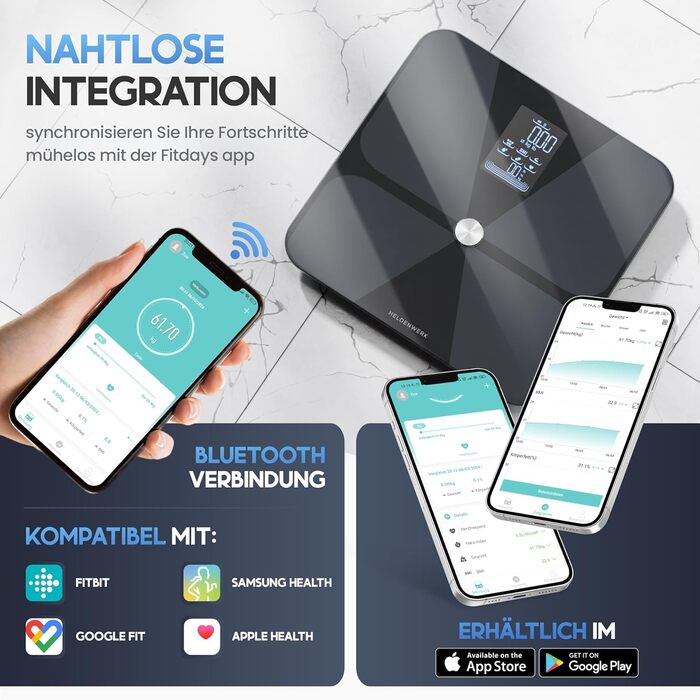 HELDENWERK Смарт-вага для аналізу складу тіла, Bluetooth, з додатком, до 180 кг, повний сенсор, цифрова, визначає жир, ІМТ, м’язову масу, білок, BMR, темно-синя (дизайн Harmony)