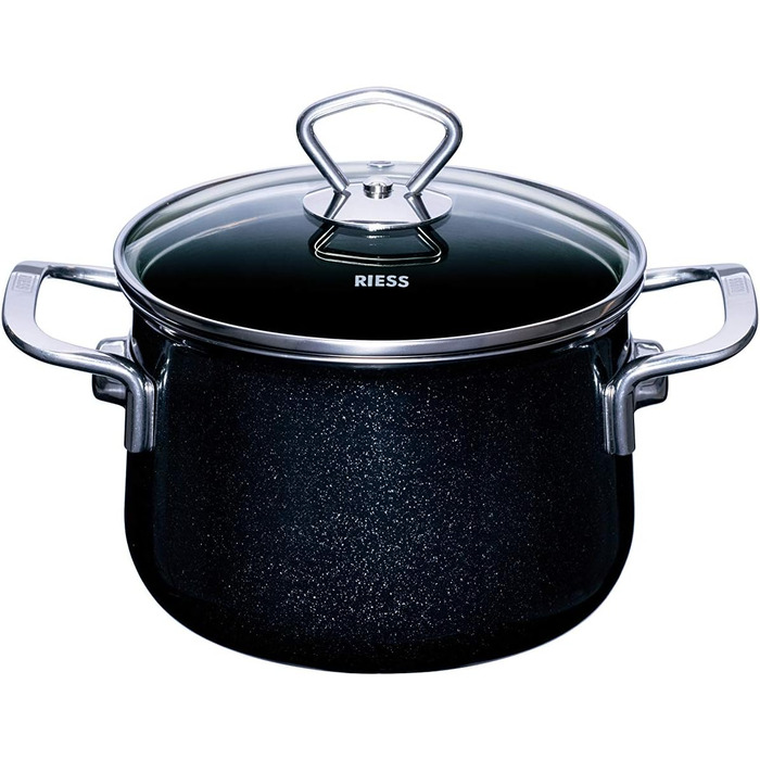 Riess Сімейний набір посуду 5 предметів NOUVELLE BLACK MAGIC EXTRA STARK: каструлі з кришками 16 і 20 см, сотейники з кришками 16 і 20 см, ковшик 12 см, емальований, чорний