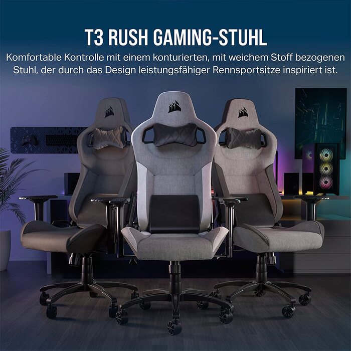 Ігрове крісло Corsair T3 RUSH Fabric (2023) – комфорт та стиль, натхненний автоспортом, тканинне покриття, підголовник та поперекова підтримка з пам'яті форми, антрацит