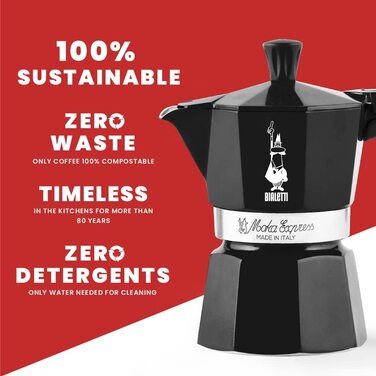 Кавоварка Bialetti Moka Color, 3 чашки, алюмінієва, чорна, італійська гейзерна кавоварка для плити