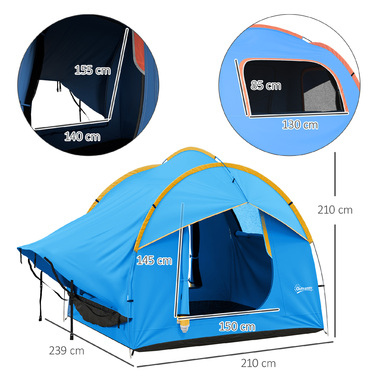 Outsunny Rear Tent Автомобільний намет на 6 осіб, купольний намет з 3 дверима, вікно, задні двері Намет для каравану, позашляховик, поліестер, синій