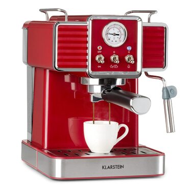 Кавомашина еспресо Klarstein Gusto Classico 1350 Вт, 20 бар, червона. Рожкова кавоварка з нержавіючої сталі, резервуар 1.5 л