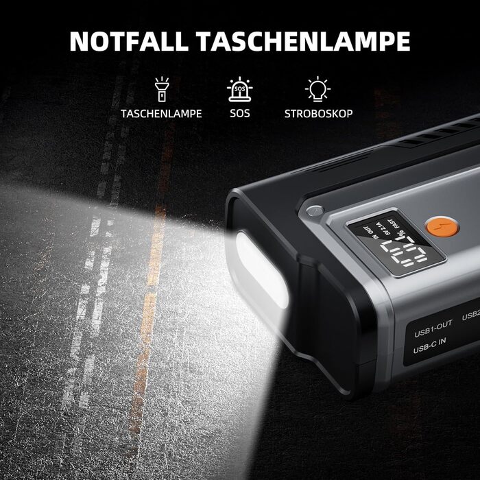 Powerbank Starthilfe 7000A: Автомобільний пусковий пристрій для 12V авто, бензин та дизель (до 12.0L), з LED ліхтариком та USB зарядкою