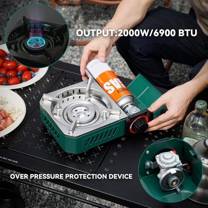 Портативний газовий набір для кемпінгу Onlyfire Klein з кейсом, 2000W, Piezo-запалювання, для походів та подорожей на автодомі, зелений