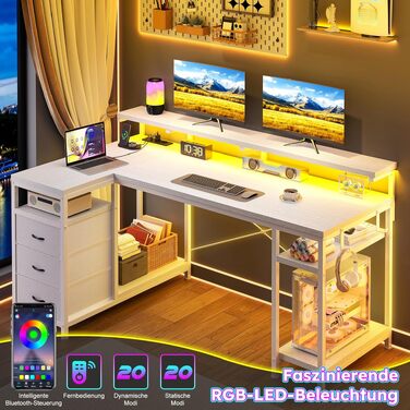 Ігровий стіл L-подібний з LED, 3 шухлядами, USB-зарядкою та розеткою 140x80 см, білий - для дому та геймінгу