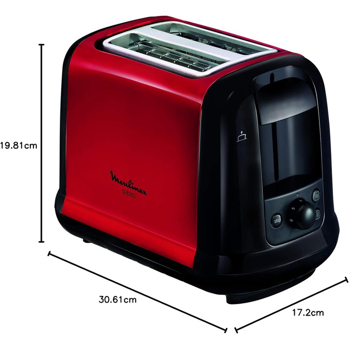 Тостер Moulinex LT261D Subito, 850 Вт, 2 слоти, червоно-чорний, з підставкою для булочок, регульовані ступені підсмажування, розморожування та підігрів