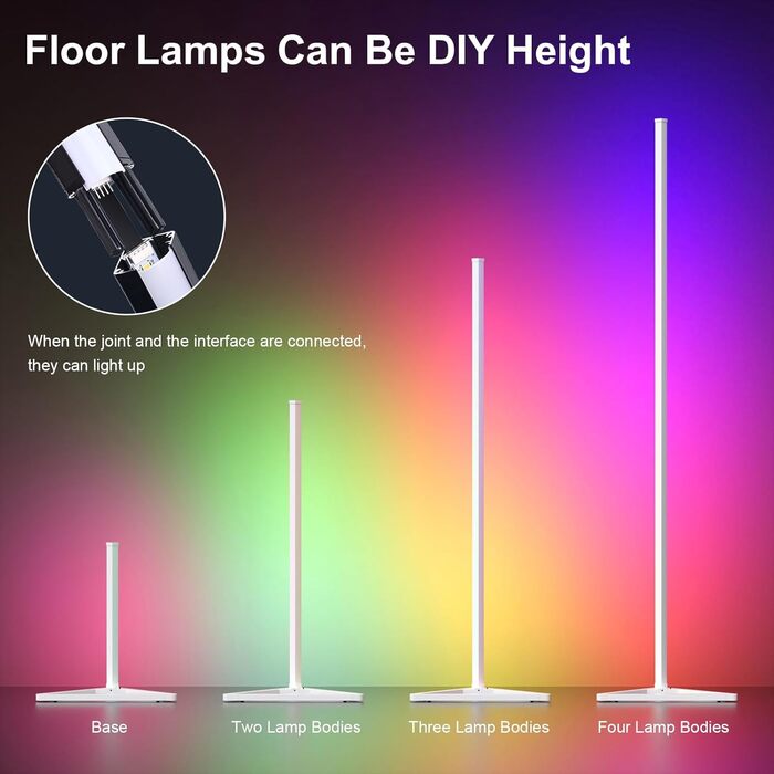 MIWATT LED торшер для вітальні 143 см, RGB, димер, керування пультом і додатком, 16 млн кольорів, музичний і DIY-режими, таймер, для спальні, ігрової кімнати, офісу, білого кольору