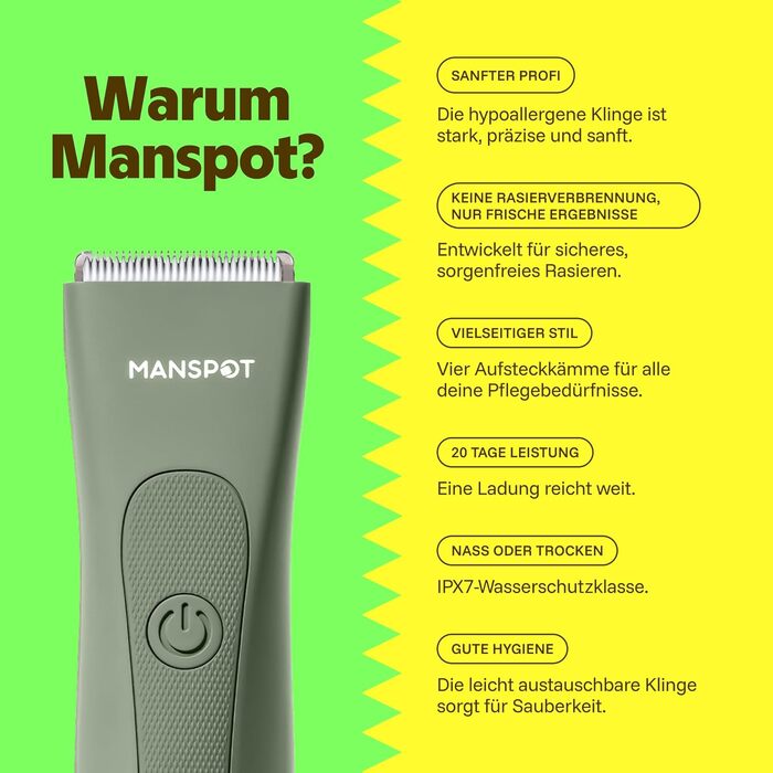 Триммер для тіла MANSPOT Intimrasierer, професійний водонепроникний тример для чоловіків з 4 насадками для інтимної зони, грудей, ніг та пахв – для сухого та вологого гоління (Зелений)