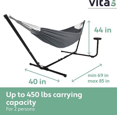 Гамак Vita5 з підставкою для двох осіб, двопосадильний вуличний гамак для саду, тераси та балкона, посилена стійка, витримує до 200 кг, темно-сірий