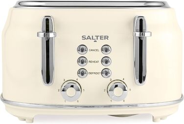 Тостер Salter Retro на 4 скибки, широкі слоти, 6 режимів підсмажування, функції розморожування, підігріву, скасування, знімний піддон для крихт, самовирівнювання, 1630 Вт, кремовий, EK5739CRMVDE