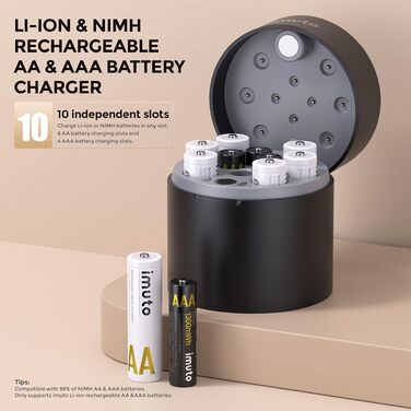 Набір акумуляторів imuto 1.5V Lithium (4x AA 3000mWh + 4x AAA 1300mWh) зі смарт-зарядним кейсом, висока ємність, 1600 циклів зарядки