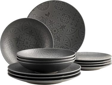 Сервіз MÄSER Tiles Vintage на 4 особи, 12 предметів, кераміка, чорний, марокканський стиль, матова глазур