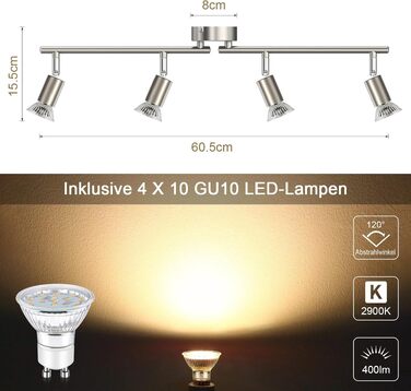 Стельовий LED світильник Defurhome на 4 поворотні споти, сучасна люстра-спот у кольорі матовий нікель для кухні, вітальні та спальні, з 4 лампами GU10 по 4W (тепле біле світло), сріблясто-сірий