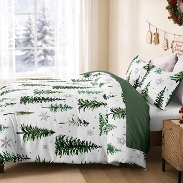 Комплект зимової постільної білизни WONGS BEDDING з новорічним принтом (Санта-Клаус), м'яка мікрофібра, 200x200 см, зелений з ялинкою (підковдра та наволочка 80x80 см)