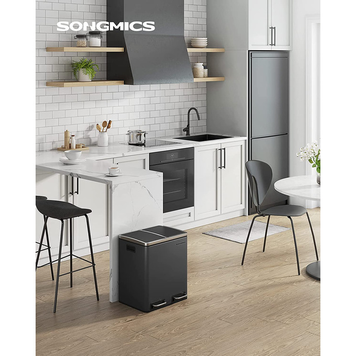 Сортувальний смітник SONGMICS для кухні, 2×15 л, сталевий, двосекційний, педальний, з м'яким закриттям, чорний