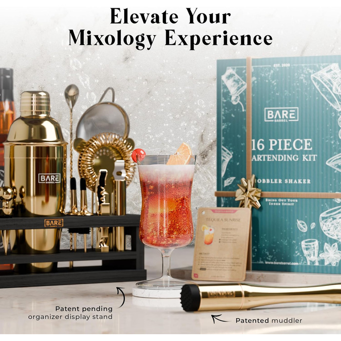 Набір для коктейлів BARE BARREL Mixology Barkeeper Set, 16 предметів, з коблер-шейкером 24oz та 35 картками рецептів, золотий/чорний