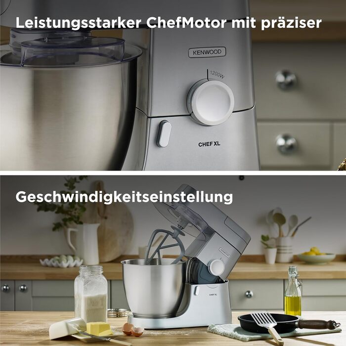 Кухонний комбайн Kenwood Chef XL KVL4100S з великою чашею 6.7 л з нержавіючої сталі, 1200 Вт, набір для випічки, срібний