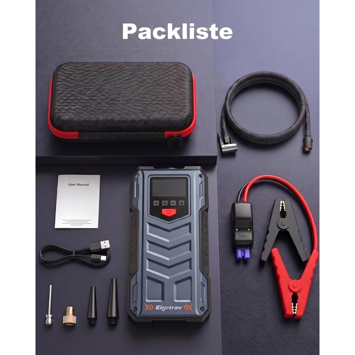 Пусковий пристрій (бустер) Starthilfe 8000A з компресором 150 PSI, 9-в-1: Jump Starter 12V для бензинових та дизельних авто (до 14л), електричний насос та Powerbank з швидкою зарядкою 30W