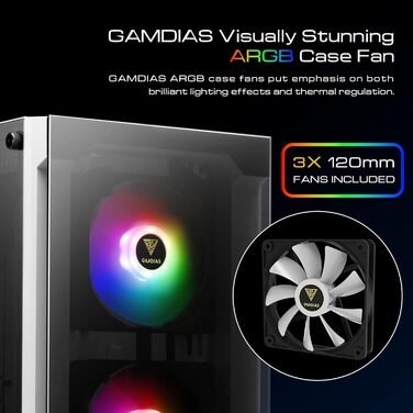 Ігровий корпус GAMDIAS ATX Mid-Tower, 3x120мм ARGB вентилятори, білий, скляна бокова панель, сітчаста передня панель, PSU-кожух