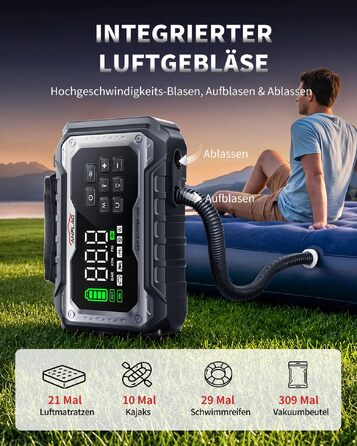 Пусковий пристрій (бустер) для авто 8000A з компресором 160 PSI та Powerbank, чорний