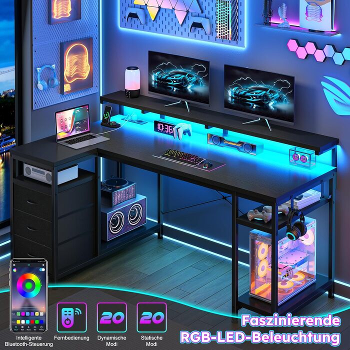 Ігровий стіл L-подібний з LED підсвіткою, 3 шухляди, USB-порт, розетка, чорний 140x80 см
