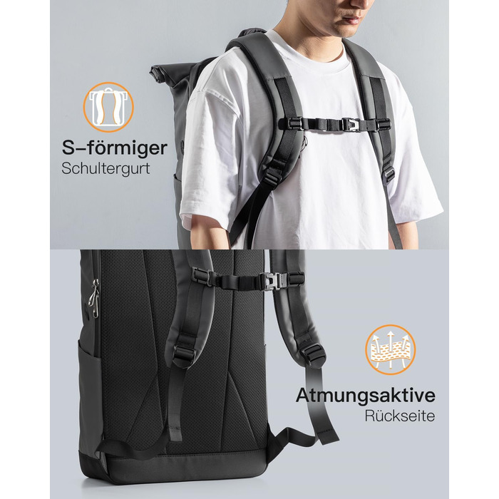 Inateck RollTop рюкзак 25-30 л для чоловіків і жінок, міський велосипедний рюкзак для ноутбука 17'', шкільний, для університету, подорожей, роботи та спорту, сірий