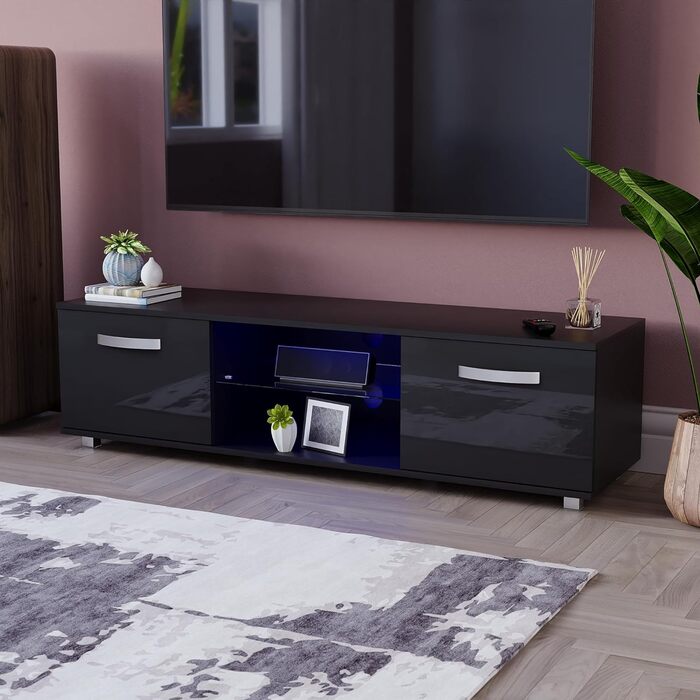 Тумба під телевізор Vida Designs Cosmo, чорна, 140 см, LED підсвітка, ДСП
