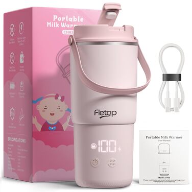 Портативний підігрівач для пляшечок Baby 120W, рожевий: швидкий нагрів за 2 хв, стерилізація паром, 8 режимів, акумулятор 18000mAh для сумішей та грудного молока